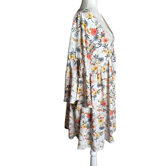Umgee Floral Boho Long Sleeve V Neck Babydoll Dress Sz Large Cold Shoulder - Picture 4 of 8